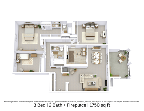 3D floor plan showing an angled perspective of a three-bedroom, two-bath apartment with a fireplace and furniture placement across 1,750 Sq. Ft.
